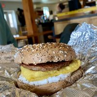 vegan sausage, just egg, vegan cream cheese bagel sandwich   at Wally's Place Bagel & Deli in South Hero