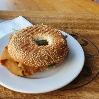 Bagel with plant-based "chicken" at Costa Coffee in Krakow
