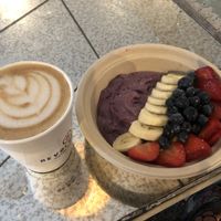 Chagaccino with oat milk and pb & j bowl at Revolucion Coffee and Juice in San Antonio