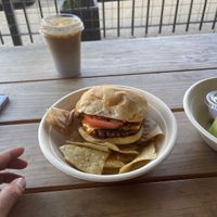 Hamburguesa with nube latte! Yum  at Revolucion Coffee and Juice in San Antonio