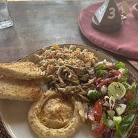 Breakfast platter (scrambled tofu, hummus, salad & bread) with sauteed mushrooms added. #Veganuary at Atmosfera Restaurant  in Tangalle