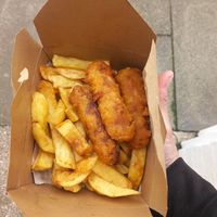 Vausages and chips. Couldn't say which brand of vausage but they were tasty enough. at Longsands Fish Kitchen in Tynemouth