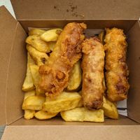 Vegan sausage and chips at Longsands Fish Kitchen in Tynemouth