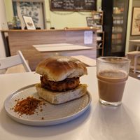 Vada pav and masala chai (vegetarian, not vegan) at INDelicious Bistro in Prague