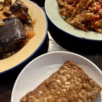 Sambal terong balado, sambal tempeh, and fried tempeh  at The Sambal in Sydney