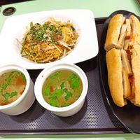 Stir fried noodles, banhmi, and 2 small simple soups that come with each dish...All really good at Heavens Will - 天心蔬食坊 in Dalin