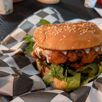 Nashville hot chicken sandwich at Vegan House Shack Kitchen @ Planted by Faith in Greenville
