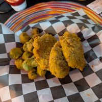 Fried okra and green tomatoes at Vegan House Shack Kitchen @ Planted by Faith in Greenville