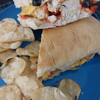 Veggie Chicken Marinara (veganized) with vegan mayo and black olives, Boulder Canyon chips at Head West Sub Stop in Southern View