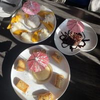 Mango sticky rice, lava cake, fried banana   at Plumeria in San Diego