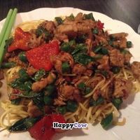 Veg Chicken Ka Pow with yellow noodles.  Spicy and tasty with a lot of holy basil.  Yum! at Plumeria in San Diego