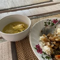 Yellow curry (delicious!) and an unknown but good second choice from the buffet with rice  at Aob Aun Vegan in Koh Samui