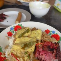 Rice, curry, 'meats', cabbage at Aob Aun Vegan in Koh Samui