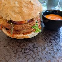 Vegan falafel burger with vegan mayo at Brasserie Woods in Barchem