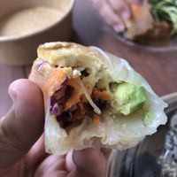 Fresh rice paper roll with satay tofu, avocado, carrot, purple cabbage and rice noodles.  at fi•ka in Plettenberg Bay
