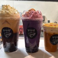 Pumpkin Thai tea, purple sweet potato pie and Thai tea with brûlée top  at Afterlife Tea and Boba Room in Las Vegas