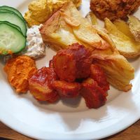 4 different savory spread, Currywurst, Tortilla, Bulette at Bistro Bardot in Berlin