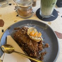 Carrot cake and Iced Matcha Latte with oat milk 🍵   at Mistral Coffee House in Mallorca