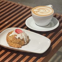 Strawberry scone and oat milk mocha  at Presta Coffee Roasters in Tucson