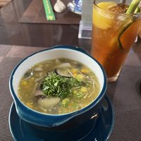 Mushroom-corn soup and peach icetea  at TRÚC THÔN in Thanh Hoa