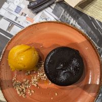 Vegan chocolate cup with the mango sorbet   at UDON - Viapol in Sevilla