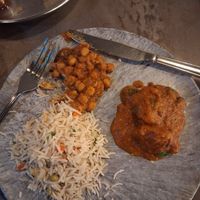 Veg pilau rice, chickpea curry, potato curry at KO Grill in Liverpool