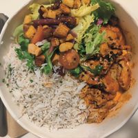 Marinated heura with rice and salad at Roots Vegan Food in Barcelona