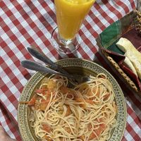 spaghetti pomodoro and mango shake  at Dok Mai Lao Trattoria Italiana in Pakse