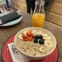 Avena Bowl: porridge with fresh fruit, some seeds, great vanilla flavor and ask(!) for soy milk 3,80 EUR & a fresh orange juice 4,- EUR  at La Bóveda in Burgos