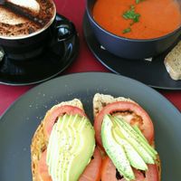 Creamy Tomato soup,  Amanda's sandwich and chilli hot chocolate  at Rubyfruit Bakery and Cafe in Leura