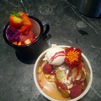 Poached pear, icecream, sorbets, flowers at Millbrook Lodge Hotel in Ballynahinch