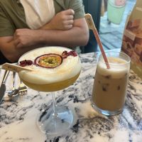 Passionfruit Mocktail (left) Oat Iced Latte (right)!  at Heavenly Desserts in Southampton