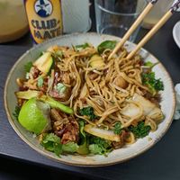 "Not really pork belly" with noodles at Peace Kitchen - Kallio in Helsinki