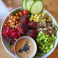 Warm Buddha Bowl with Beetroot Falafel at Velo Cafe & Bar in Interlaken