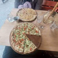 Vegan Fox Flammekueche with Peach Sch'pritz, Flammekueche Traditionnelle (not vegan) at L'Alsacien République in Paris