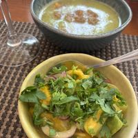 Mango avocado ceviche and pea soup   at Gira Sol in Tomar