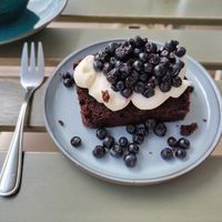 Chocolate cake with fresh (real) blueberries at Kawastrofa in Wroclaw