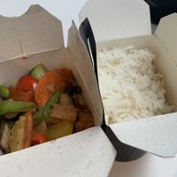 Rtg vegetable stir fry with added tofu and steamed rice   at Red Torch Ginger in Dublin
