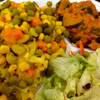 Zucchini Curry with Side Salad, Rice and Vegetable Sambar  at India Cafe Curry Express NEX - Kiosk in Honolulu