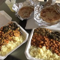 2, 3-choice plates at the Navy Exchange Food Court. Both have vegan channa masala, saag tofu, and vegan roti (!). The left has vegan mixed veg korma and the right has saag aloo.  at India Cafe Curry Express NEX - Kiosk in Honolulu