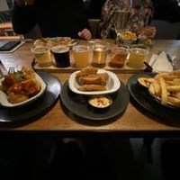 A flight of beer and a flight of food (bigger portions than expected, friends chomped most of my fries for me!)  at Babel Beerhouse in North London