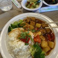 Happiness Over White Rice - Pineapple, Red Pepper, Vegan Chunks, Broccoli, and sweet tangy sauce- YUM!!!! 🥰  at Happiness Cafe in San Jose