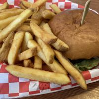 Vegan burger and fries  at Hwb in Narberth