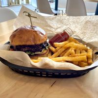 Portobello burger and fries  at Leader in Cambridge