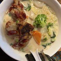 Ramen with coconut curry broth and seitan.  at Yum Yum Noodle Bar in Woodstock
