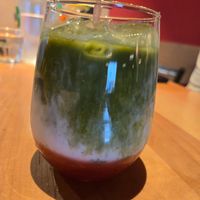 Strawberry Matcha Late made vegan by subbing coconut milk at Yum Yum Noodle Bar in Woodstock