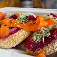 Rainbow bagel with beet hummus at The Wylde Beet in Hailey