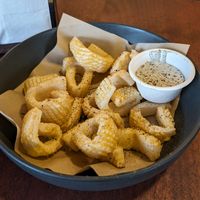 Calamari, tastes so real! It's all in the sauce so if real flavour is not your thing avoid the sauce and it's still great. at don Fred in Newtown