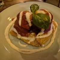 olive meatballs on polenta chips: very good meatballs, olive taste but not overwhelmingly so, great texture (added rice?), very crispy polenta w/bol sauce at don Fred in Newtown