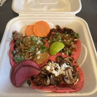 Hongos taco, pollo taco, and soyrizo taco  at Rico Rico Vegano in Oakland